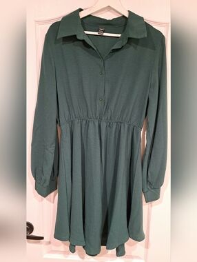 Emerald Green Collared Longsleeve Babydoll Shirt Dress